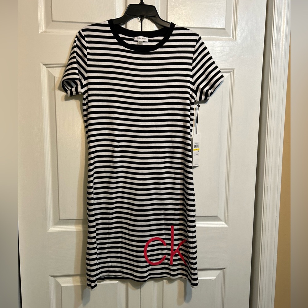 NWT Calvin Klein CK Black White Stripe T Shirt Dress Size M Medium Short Sleeve